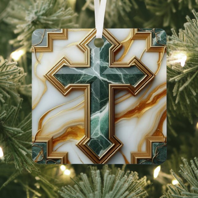 Elegance in Stone Golden-Framed Marble Cross Metal Ornament (Insitu)
