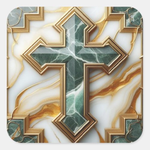 Elegance in Stone Golden_Framed Marble Cross Square Sticker