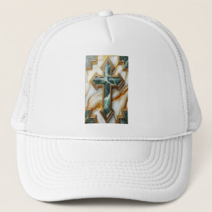 Elegance in Stone Golden-Framed Marble Cross Trucker Hat