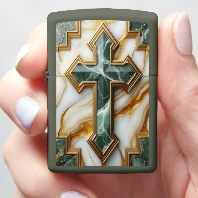 Elegance in Stone Golden-Framed Marble Cross Zippo Lighter (In Hand)