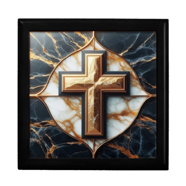 Elegance in stylish Cross on Black and Gold Marble Gift Box (Front)