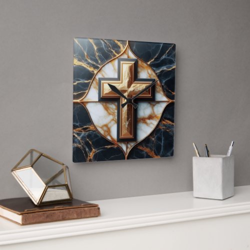 Elegance in stylish Cross on Black and Gold Marble Square Wall Clock