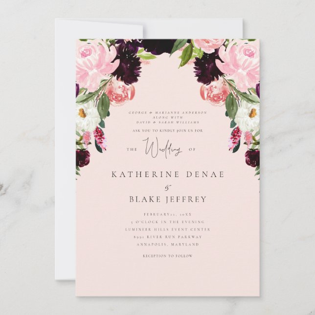 Elegance in the Air Blush Floral Wedding Invitation (Front)