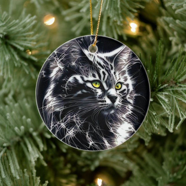 Elegance in Whiskers: Silver & Black Abstract Cat Ceramic Ornament (Tree)