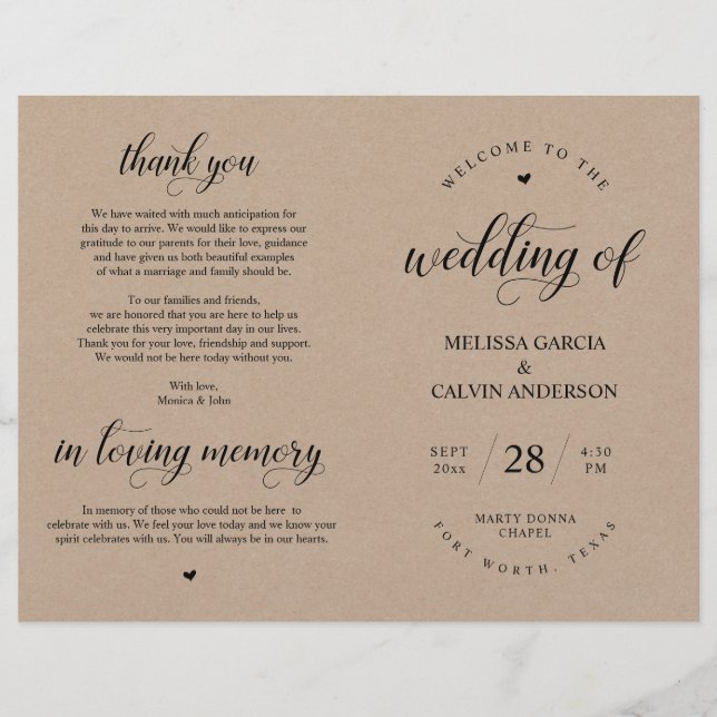 Elegance Kraft Wedding Ceremony, Foldable Program (Front)