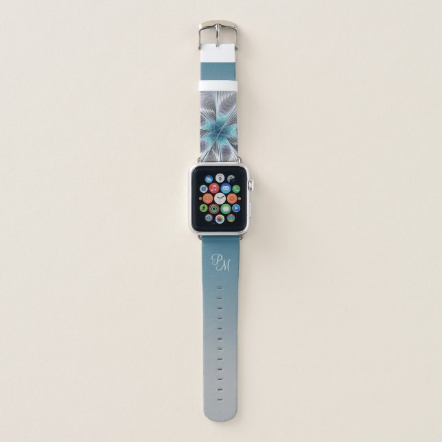 Elegance Modern Blue Gray White Flower Monogram Apple Watch Band (Front)