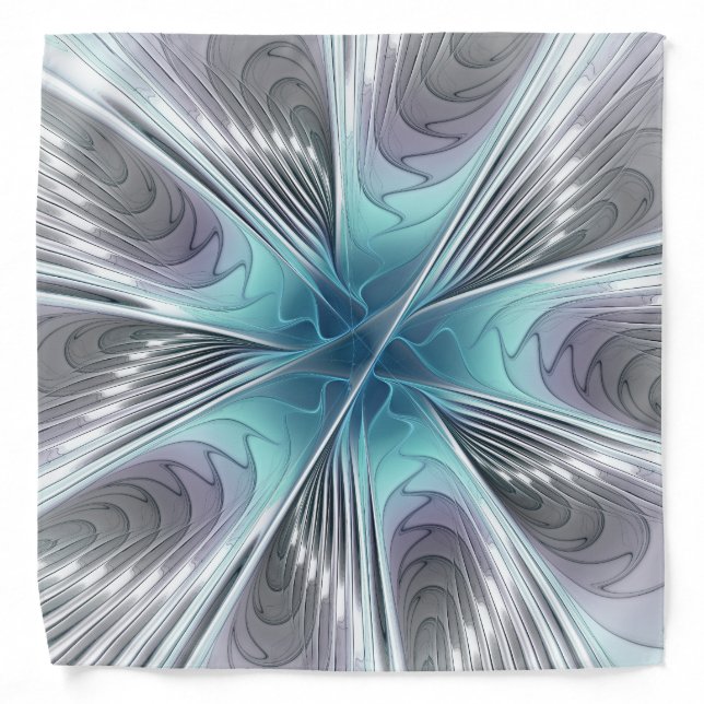 Elegance Modern Blue Gray White Fractal Art Flower Bandana (Front)