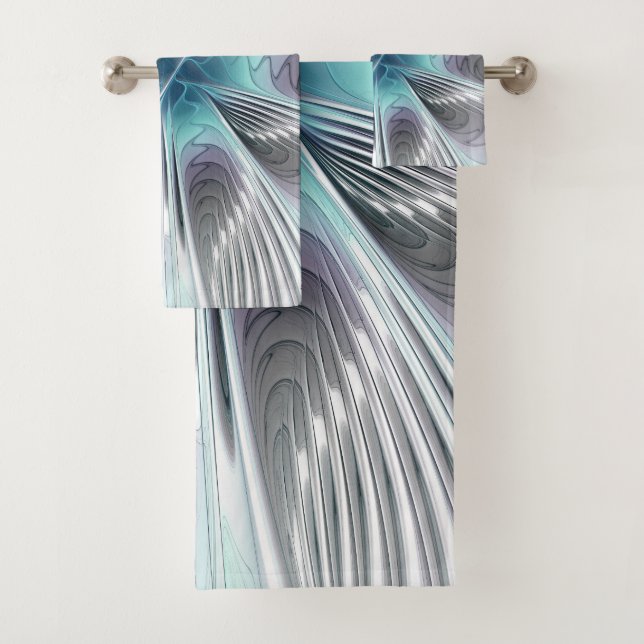Elegance Modern Blue Gray White Fractal Art Flower Bath Towel Set (Insitu)