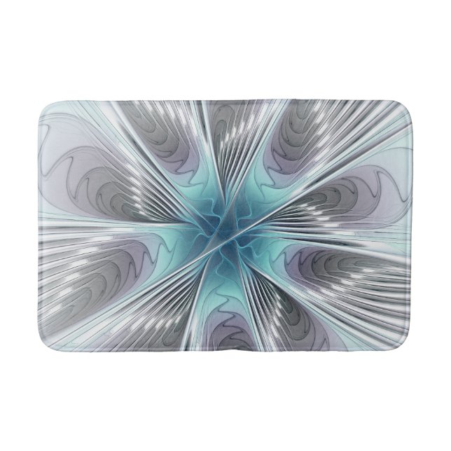 Elegance Modern Blue Gray White Fractal Art Flower Bathroom Mat (Front)
