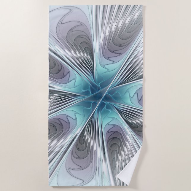 Elegance Modern Blue Gray White Fractal Art Flower Beach Towel (Front)