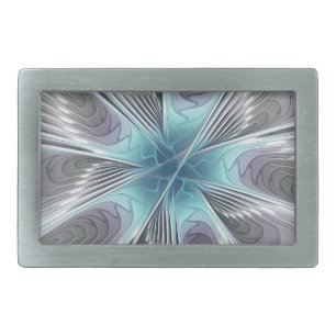 Elegance Modern Blue Gray White Fractal Art Flower Belt Buckle