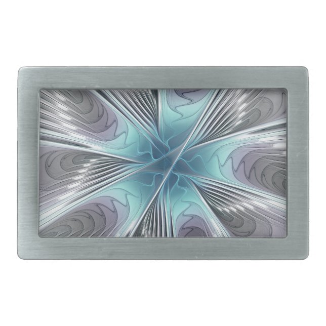 Elegance Modern Blue Gray White Fractal Art Flower Belt Buckle (Front)