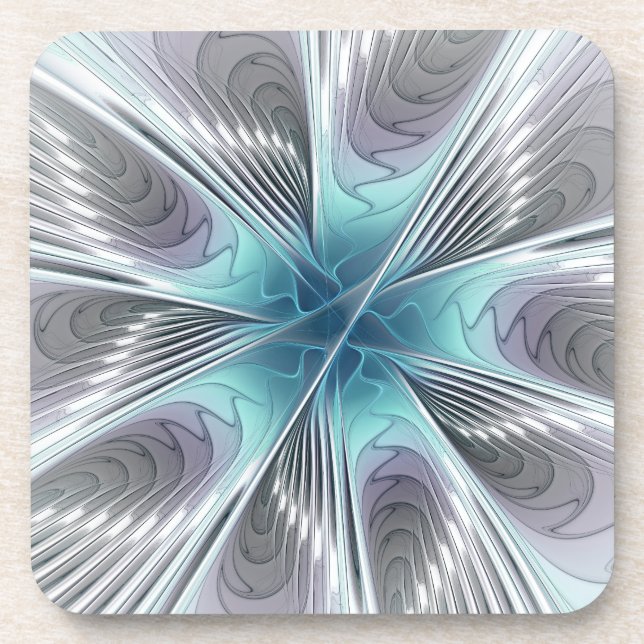 Elegance Modern Blue Gray White Fractal Art Flower Beverage Coaster (Front)