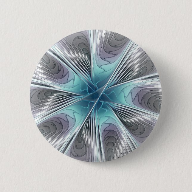Elegance Modern Blue Gray White Fractal Art Flower Button (Front)