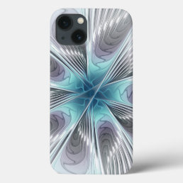Elegance Modern Blue Gray White Fractal Art Flower iPhone 13 Case