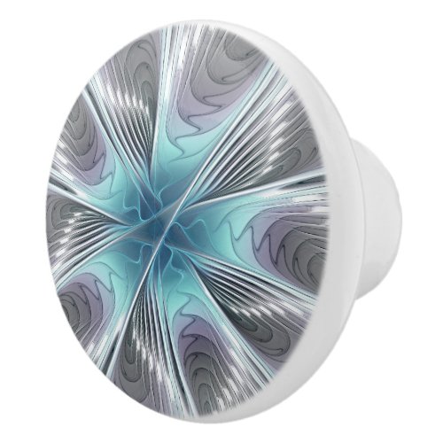 Elegance Modern Blue Gray White Fractal Art Flower Ceramic Knob