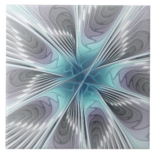 Elegance Modern Blue Gray White Fractal Art Flower Ceramic Tile