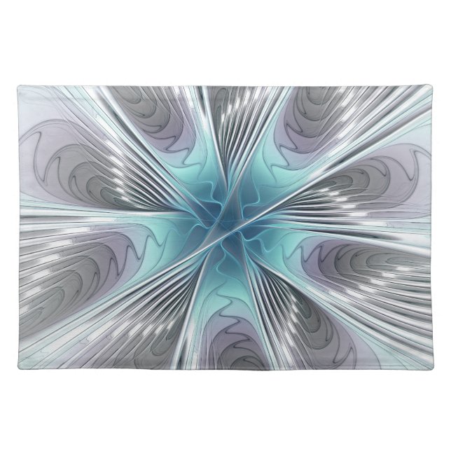 Elegance Modern Blue Gray White Fractal Art Flower Cloth Placemat (Front)