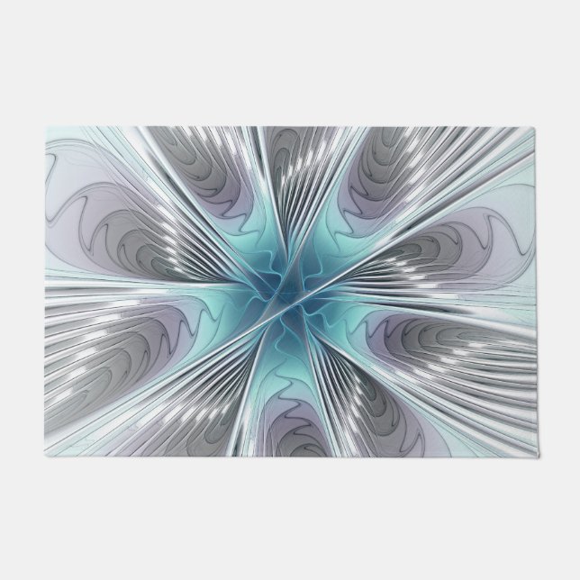 Elegance Modern Blue Gray White Fractal Art Flower Doormat (Front)