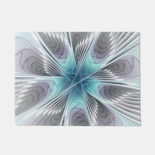 Elegance Modern Blue Gray White Fractal Art Flower Doormat
