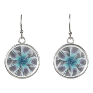 Elegance Modern Blue Gray White Fractal Art Flower Earrings