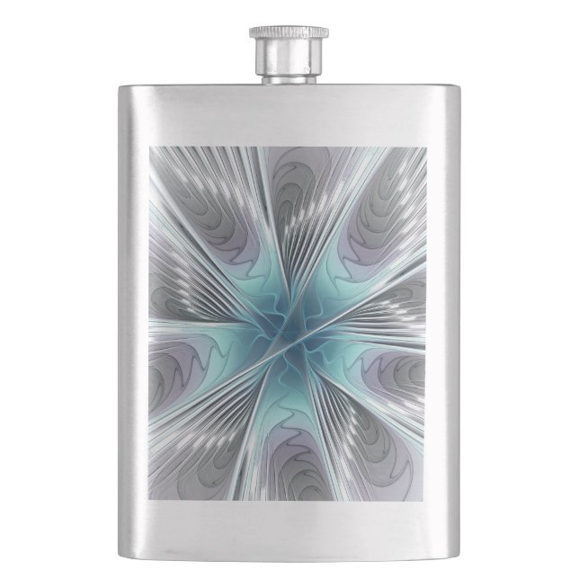 Elegance Modern Blue Gray White Fractal Art Flower Flask (Front)