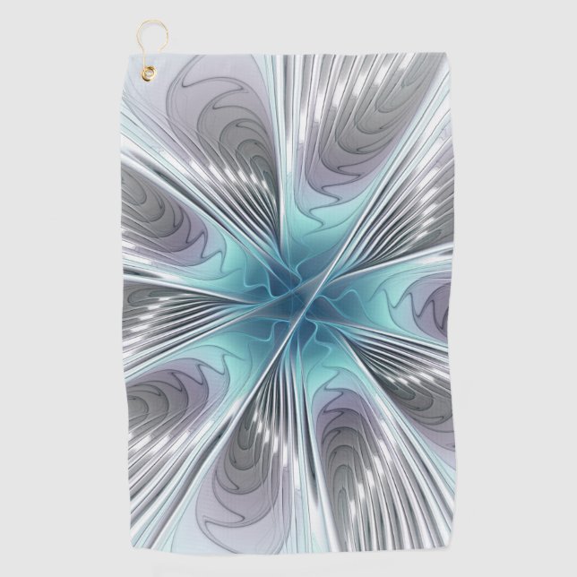 Elegance Modern Blue Gray White Fractal Art Flower Golf Towel (Front)