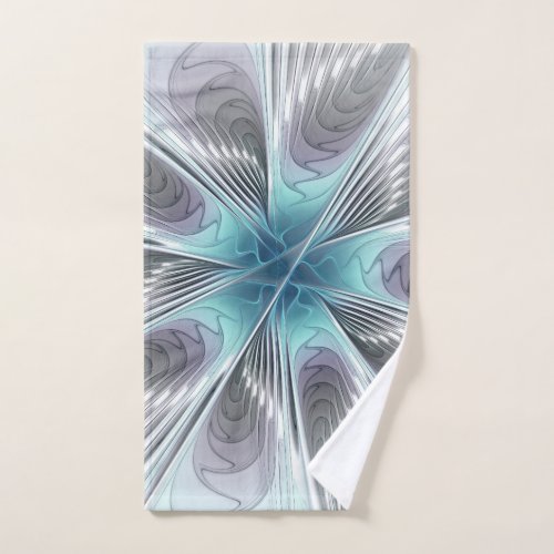 Elegance Modern Blue Gray White Fractal Art Flower Hand Towel