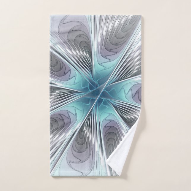 Elegance Modern Blue Gray White Fractal Art Flower Hand Towel (Hand Towel)