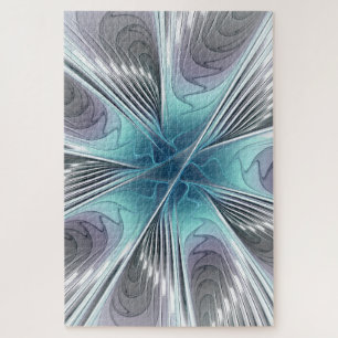 Elegance Modern Blue Gray White Fractal Art Flower Jigsaw Puzzle