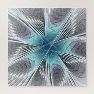 Elegance Modern Blue Gray White Fractal Art Flower Jigsaw Puzzle