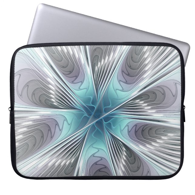 Elegance Modern Blue Gray White Fractal Art Flower Laptop Sleeve (Front)