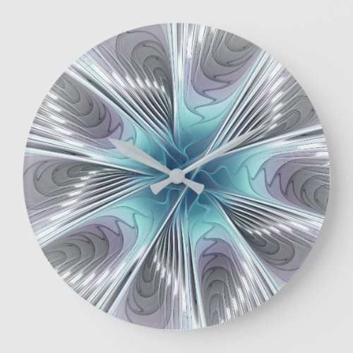 Elegance Modern Blue Gray White Fractal Art Flower Large Clock