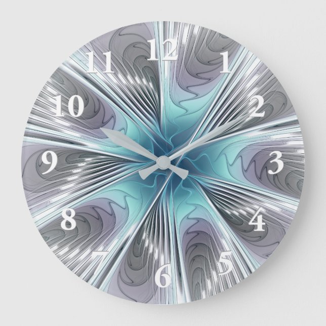 Elegance Modern Blue Gray White Fractal Art Flower Large Clock (Front)