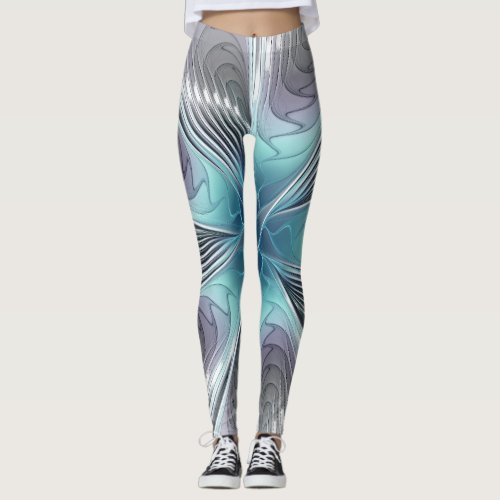 Elegance Modern Blue Gray White Fractal Art Flower Leggings