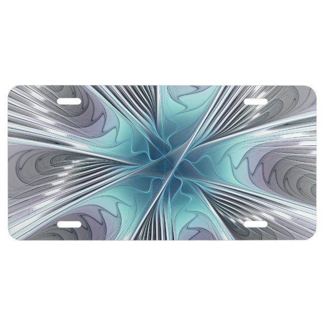 Elegance Modern Blue Gray White Fractal Art Flower License Plate (Front)