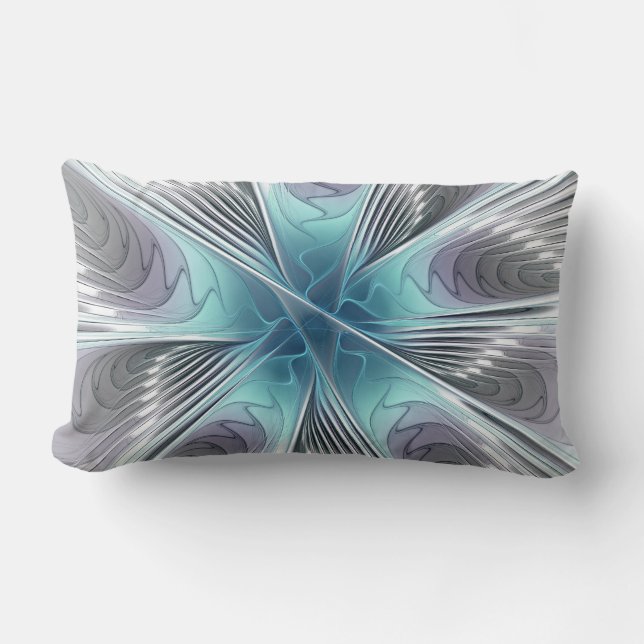 Elegance Modern Blue Gray White Fractal Art Flower Lumbar Pillow (Front)