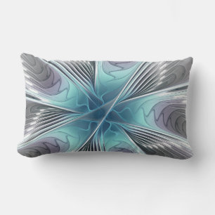 Elegance Modern Blue Gray White Fractal Art Flower Lumbar Pillow