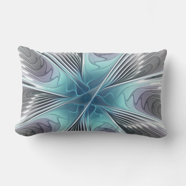 Elegance Modern Blue Gray White Fractal Art Flower Lumbar Pillow (Front)