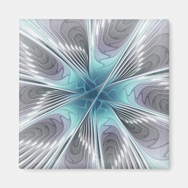 Elegance Modern Blue Gray White Fractal Art Flower Magnet (Front)
