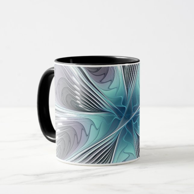 Elegance Modern Blue Gray White Fractal Art Flower Mug (Front Left)