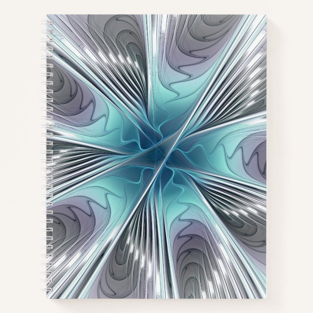 Elegance Modern Blue Gray White Fractal Art Flower Notebook (Front)