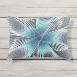 Elegance Modern Blue Gray White Fractal Art Flower Outdoor Pillow