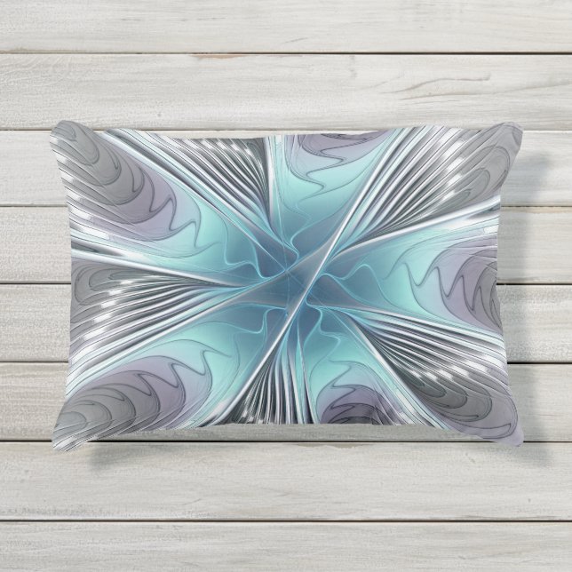 Elegance Modern Blue Gray White Fractal Art Flower Outdoor Pillow (Front)