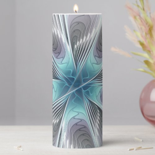 Elegance Modern Blue Gray White Fractal Art Flower Pillar Candle