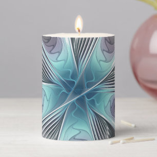 Elegance Modern Blue Gray White Fractal Art Flower Pillar Candle
