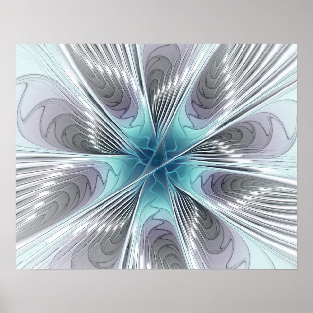 Elegance Modern Blue Gray White Fractal Art Flower Poster (Front)