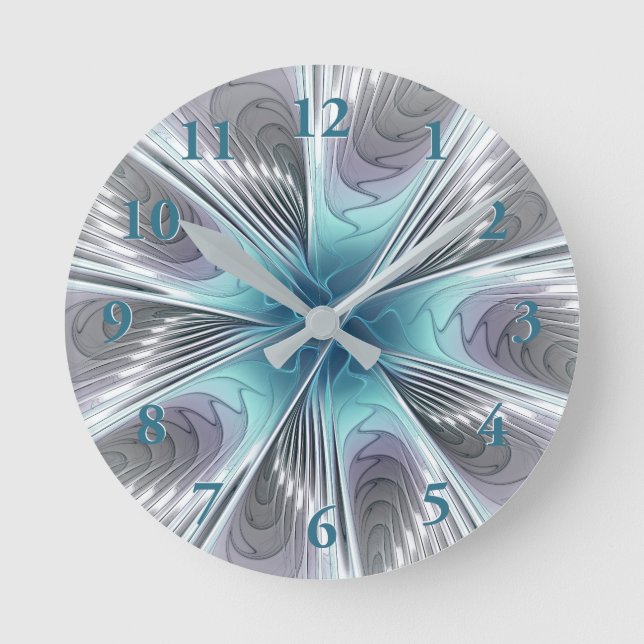 Elegance Modern Blue Gray White Fractal Art Flower Round Clock (Front)