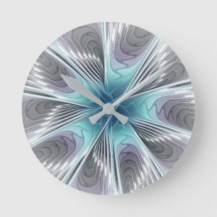 Elegance Modern Blue Gray White Fractal Art Flower Round Clock