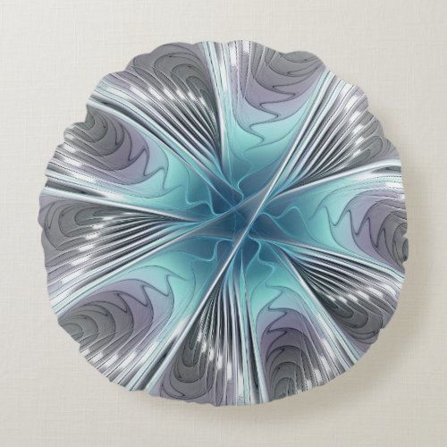 Elegance Modern Blue Gray White Fractal Art Flower Round Pillow